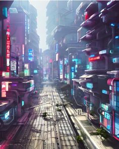 a futuristic city with neon lights and buildings