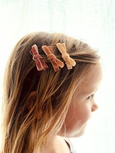 "This Vintage Velvet Bow Clip Set pairs beautifully with all hair tones and festive outfits. High-quality hair clips attached to beautiful hand-dyed velvet make for a one-of-a-kind look. Each set includes 3 clips, as pictured: 1 Cream, 1 Taupe, 1 Dusty Rose. Purchase 2 sets to wear as matching pigtails! These clips measure as such: C (mini): 1.5\" x .375\" A & B are great for kids to adults, and C fits toddlers (or babies with a lot of hair) best. When worn by young children, please supervise an Bride Hair Clips, Festive Outfits, Pink Hair Clips, Velvet Bows, Toddler Hair Clips, Hair Gift, Toddler Gift, Bows Hair, Baby Hair Clips