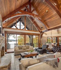 a living room filled with furniture and a fire place in front of a large window