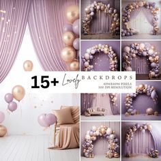 this is a collage of balloons and backdrops for a birthday party or special event