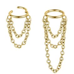 two pairs of gold chain earrings with chains hanging from each ear, on a white background