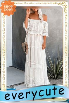 Women's Swing Dress Maxi Long Dress Non-stretch White A-line Maxi Dress, Short Sleeve Lace Dress For Fall, White Off-shoulder Dress For Fall, Casual Off-shoulder Lace Dress, Fall Season Flowy Lace Dress, White Lace Off-shoulder Maxi Dress, Non-stretch Summer Wedding Dress, Non-stretch Summer Lace Dresses, Summer Lace Non-stretch Dresses