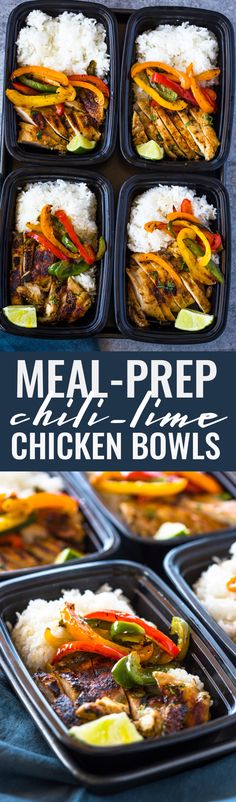 meal prepped with chicken bowls and rice in plastic trays on a blue table