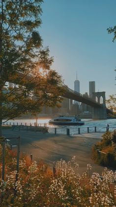 there is a boat that is in the water near some trees and bushes, with a bridge in the background