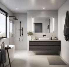 a modern bathroom with two sinks and a large mirror on the wall next to the bathtub