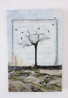 a painting with birds flying over a tree and writing on the side of it,