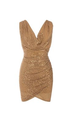 Sequined Jersey Wrap-Effect Mini Dress in GoldAdd a touch of glamour and shine with our Sequined Jersey Wrap-Effect Mini Dress in Gold. This dress is designed to make you the center of attention at any event. The sparkling metallic stretch-jersey fabric catches the light with every move, creating a dazzling effect that is sure to turn heads.Features: Plunging neckline for a sultry and elegant look Fitted waist that accentuates your curves Draped, wrap-effect skirt for added flair Whether you're Gold V-neck Sequin Dress For Formal Occasions, Gold Sequin Mini Dress For Evening, Gold Shimmer Holiday Dresses, Gold Sleeveless Mini Dress For Cocktail Events, Gold Sequin Mini Dress For Night Out, Gold Sleeveless Mini Dress For Date Night, Chic Gold Sleeveless Sequin Dress, Sleeveless Gold Mini Dress For Date Night, Gold Mini Sequin Dress For Night Out