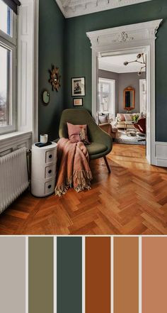 Combining Sage Green with Warm Colors Colour Palette For Small Living Room, Warm Interior Color Palette, Green Living Room Decor, Sage Green Bedroom, House Color Palettes, Home Design Living Room, Living Room Green, Paint Colors For Living Room, Bedroom Green