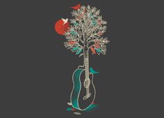 an illustration of a guitar and tree with birds