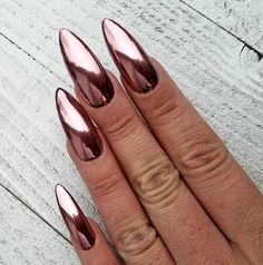 Rose Pink chrome nails glossy finish. Fake nails press on | Etsy Single Color Nails, Skin Hacks, Gold Chrome Nails, Lily Munster, Pink Chrome Nails, Metallic Nail, Long Almond, Rose Gold Chrome, Chrome Nail Art