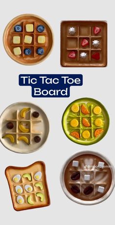 there are four different types of trays with food on them and the words tic taco toe board