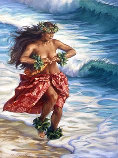 a painting of a woman in a red dress on the beach with her hair blowing in the wind