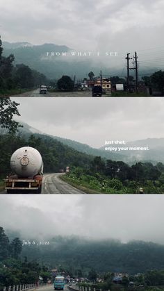 three different views of the mountains and road