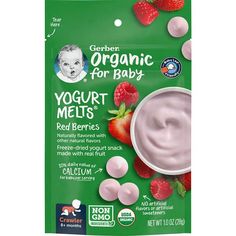 a bag of yogurt melts with strawberries on the front and bottom