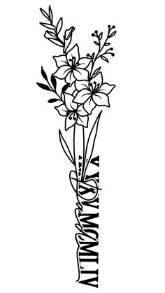 a black and white drawing of flowers in a vase with the word mom on it