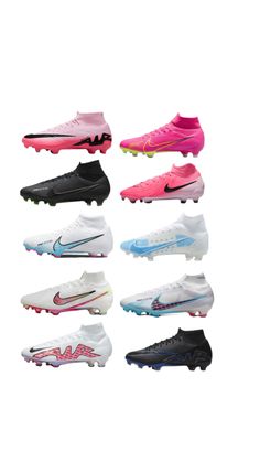 a group of soccer shoes that are all different colors and sizes, including pink, blue,