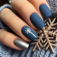 Matte Blue Winter Nails, Matt Winter Nails, Dark Blue Matte Nails Design, Holiday Nails Blue And Silver, Winter Nail Art 2024, Solid Color Winter Nails, Christmas Nail Art Blue, Christmas Nails2024