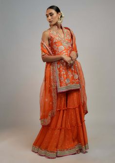 Kurta And Sharara, Rust Orange Indian Outfit, Orange Traditional Outfits, Trendy Traditional Indian Outfits, Orange Indian Outfit, Frock Designs For Women, Indian Dresses Traditional, Pink Lehenga, Traditional Indian Outfits