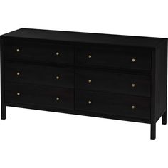 a black dresser with gold knobs on the top and bottom drawers, against a white background