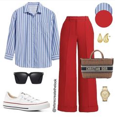 Red Tote Bag Outfit, Red Pants Outfit Summer, Orange Pants Outfit Work, Red Pants Outfit Work, Red Striped Shirt Outfit, Fall Outfits Work, Outfit Pantalon Rojo, Red White And Blue Outfits, Red Pants Outfit