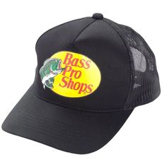 the bass pro shops trucker hat is black and has a yellow fish on it