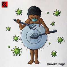 a drawing of a person holding a plate with a fork and knife in it, surrounded by green germs