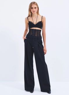 Lace Bustier Trousers in Black Elegant Cropped Party Bottoms, Elegant Cropped Bottoms For Party, Chic Cropped Pants For Evening, Fitted Wide-leg Pantsuit With Belt Loops, Fitted Wide Leg Pantsuit With Belt Loops, Fitted Cropped Pants For Formal Occasions, Chic Cropped Bottoms For Formal Occasions, Chic Cropped Bottoms For Night Out, Evening Pants With Belt Loops For Spring