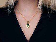 One-of-a-Kind Necklace in 24k/22k Gold, 15x11mm Teardrop Set in Wide Frame from the Muse Collection, with Emerald Formal Teardrop Cabochon Necklace, Gold Pear-shaped Drop Necklace With Gemstone, Yellow Gold Cabochon Teardrop Pendant Necklace, Gold Pear-shaped Emerald Gemstone Necklace, Pear-shaped Gold Emerald Necklace, Formal Yellow Gold Emerald Teardrop Pendant Necklace, Gold Pear-shaped Emerald Necklace Gift, Gold Teardrop Emerald Necklace, Elegant Gold Teardrop Pendant Emerald Necklace