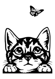 a black and white drawing of a cat with a butterfly flying over it's head