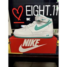 This Air Force 1 Mid Sneaker Is A Must-Have For Any Sneaker Enthusiast. Featuring A Clear Jade Color And A Mid-Top Shoe Shaft Style, This Sneaker Is Perfect For Casual Occasions. The Nike Air Force 1 Mid Model Is Designed With A White Color Scheme, And It Comes In A Men's Uk Shoe Size 9.5, Us Shoe Size 10.5, And Eu Shoe Size Multi-Size. The Sneaker Is Made By The Renowned Nike Brand, And It Is Part Of The Air Force One Product Line. The Style Code For This Sneaker Is Dv0806-102, And It Is A Mult Green Nike Air Max High-top Sneakers For Streetwear, Green High-top Nike Air Force 1 With Branded Insole, Casual Green High-top Nike Air Force 1, Green Synthetic Nike Air Force 1 For Streetwear, Nike Air Force 1 Mid-top With Air Max Cushioning, Mens Vans Shoes, Mid Top Shoes, Nike Shoes Air Force, Nike Air Force 1 Mid