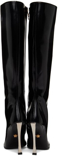 Knee-high polished calfskin boots in black. · Pointed toe · Zip closure at inner side · Buffed lambskin lining · Metal stiletto heel with rubber injection · Medusa hardware at calfskin outsole · Heel: H4 in Supplier color: Black Luxury Patent Leather Knee-high Boots With Pointed Toe, Elegant Formal Boots With Glossy Finish, Elegant Glossy Finish Boots For Formal Occasions, Elegant Glossy Finish Formal Boots, Luxury Patent Leather Knee-high Boots For Formal Occasions, Luxury Patent Leather Heeled Boots With Square Toe, Designer Patent Leather Boots With Sculpted Heel, Modern Glossy Boots For Formal Occasions, Modern Glossy Formal Boots