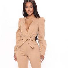 Fashion Nova Nwt Jumpsuit Khaki Denim Jumpsuit New With Tags Adjustable Straps Around Ankle And Waste V-Neck Size Small High Waist Bodysuit For Work, Chic Beige Bodysuit For Fall, Chic High Waist Bodysuit For Spring, Spring Date Night High-waist Bodysuit, Chic Spring Bodysuit For Workwear, Chic Spring Workwear Bodysuit, Fitted Overalls For Brunch, Chic Beige Bodysuit For Spring, Fitted Overall Jumpsuit For Brunch