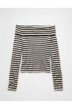 Ribbed blend/Off-the-shoulder neckline/Long sleeves Lounge Outfits, Clothes Wishlist, Xmas 2024, American Eagle Tops, Pics Inspo, Stripped Tops, Xmas List, 2024 Christmas, Black And White Tops