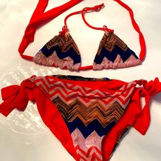 Girls Missoni 2pc Bikini Beautiful Colors Of Navy And Coral Peach Throughout In The Signature Missoni Print Brand New/ Never Worn Size 10 Red Stretch Beach Sets, Red Stretch Beachwear Sets, Red Stretch Sets For The Beach, Playful Orange Swimwear For Vacation, Blue Beachwear Party Set, Red Beachwear Sets For Vacation, Red Summer Beachwear Sets, Red Vacation Sets For Beach Season, Playful Beach Sets With Stretch