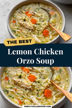 two bowls filled with lemon chicken orzo soup