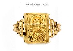 22 Karat Gold 'Sai Baba' Ring For Men - 235-GR6383 - in 5.000 Grams for USD $452.00. 
Made in India by Totaram Jewelers Online this product is in Gold - 22 Karat BIS Hallmark 916 KDM Gold  & is an excellent gift for Adult - Men. Ships fully insured with secured guaranteed delivery for free with your order over $250 from New Jersey USA & comes with 30 days exchange policy. Half Balaji Gold Rings For Men, Sai Baba Rings Gold, Balaji Rings For Men, 22k Gold Ring, Gold Pendent, Mens Gold Wedding Band, Rings Gold, Sai Baba, Ring For Men