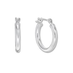 A smooth finish imbues timeless appeal to these 14K white gold hoop earrings for her. The earrings secure with hinged backs. Timeless Oval White Gold Hoop Earrings, Timeless Polished Finish Huggie Earrings For Formal Occasions, Timeless Polished Huggie Earrings For Formal Occasions, Classic Earrings With Polished Finish, Classic Polished Huggie Earrings For Formal Occasions, Classic Oval Huggie Earrings With Polished Finish, Elegant Huggie Hoop Earrings With Spring Ring Clasp, Classic Huggie Hoop Earrings For Formal Occasions, Timeless Silver Huggie Earrings For Anniversary