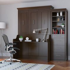 Murphy bed with desk in a deep walnut brown finish Full Murphy Bed, Murphy Bed Desk, Murphy Wall Beds, Queen Murphy Bed, Bed With Desk, Bed Wood, Urban Loft, Wall Bed, Bed Desk