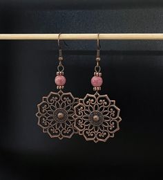 Boho Drop Earrings, Mandala Earrings, Copper Dangle Earrings, Ethnic Earrings,Dusty Pink Earrings, Flower Earrings, Bohemian Floral Earrings Bohemian Bronze Single Earring, Bohemian Rose Gold Dangle Jewelry, Copper Drop Earrings With Flower And Ear Wire, Copper Drop Flower Earrings With Ear Wire, Bohemian Rose Gold Nickel-free Jewelry, Bohemian Brass Crystal Earrings With Ear Wire, Bohemian Beaded Round Earrings, Bohemian Rose Gold Jewelry With Ear Wire, Adjustable Bohemian Crystal Earrings