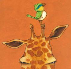 a drawing of a giraffe with a bird perched on it's head