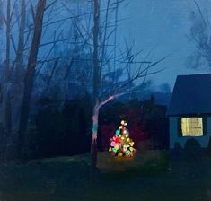 a painting of a christmas tree in front of a blue house with lights on it