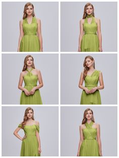 four different shots of a woman in a green dress with her hands on her hips