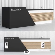 the reception desk is black and white