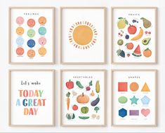 four framed art prints featuring fruits, vegetables and words that say today is great day