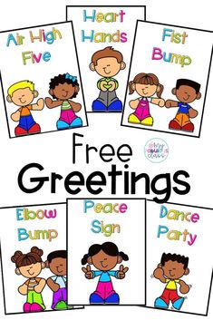 four posters with the words free greetings for children to use in their own language