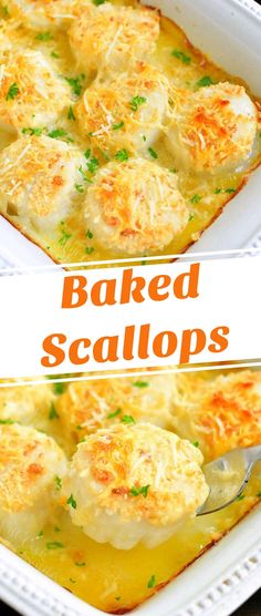 baked scallops in a white casserole dish