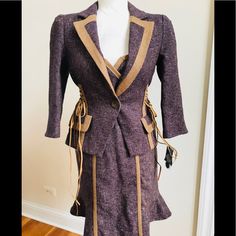 Amazing Jacket From Nanette Lepore In A Plum Tweed With Faux Suede Trim And Laces On Each Side To Nip In At The Waist. Even The Lining Is Beautiful. Approximate Measurements Are As Follows: 21.5” Length, 17.5” Bust, 14” Waist And 18” Sleeves. Fitted Tweed Outerwear For Work, Fitted Tweed Long Sleeve Outerwear, Spring Wool Tweed Jacket Fitted, Fitted Tweed Jacket For Fall, Fitted Tweed Jacket For Winter Workwear, Fitted Long Sleeve Tweed Jacket For Fall, Fitted Long Sleeve Tweed Jacket, Fall Fitted Tweed Jacket, Fitted Tweed Outerwear For Spring