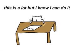 a cat sitting on top of a wooden desk next to a piece of paper that says, this is a lot but i know i can do it