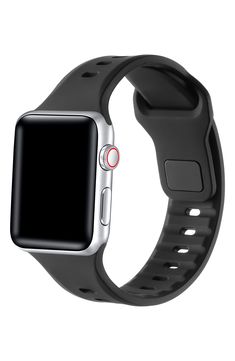 Refresh your Apple Watch with this strap made from sporty and durable silicone to keep up with your on-the-go lifestyle. Apple Watch not included Compatible with all Apple Watch series Tuck-prong closure Silicone/steel Imported Functional Black Watch Bands For Sports, Functional Black Sports Watch Bands, Adjustable Black Silicone Apple Watch Band, Apple Watch Series, Keep Up, Watch Bands, Apple Watch, Nordstrom, Lifestyle