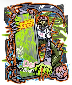 a drawing of a man holding a skateboard with graffiti on it